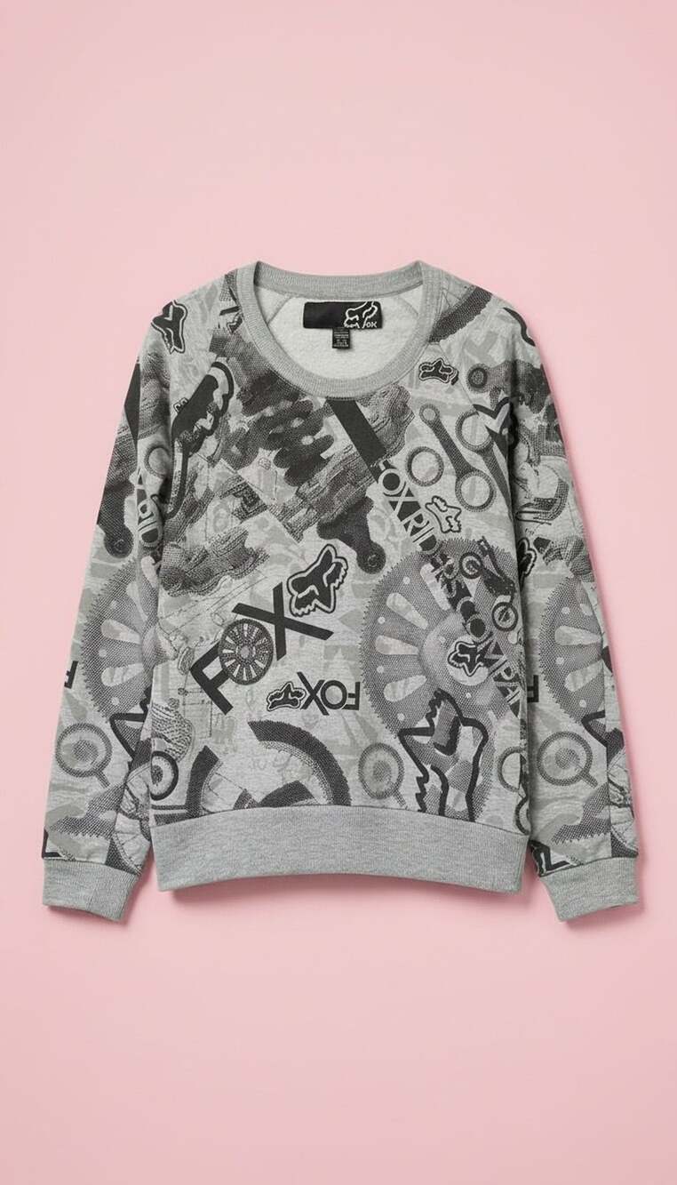 Y2K Fox Racing Grey All-Over Motorcycle Print Distressed Crewneck Sweatshirt